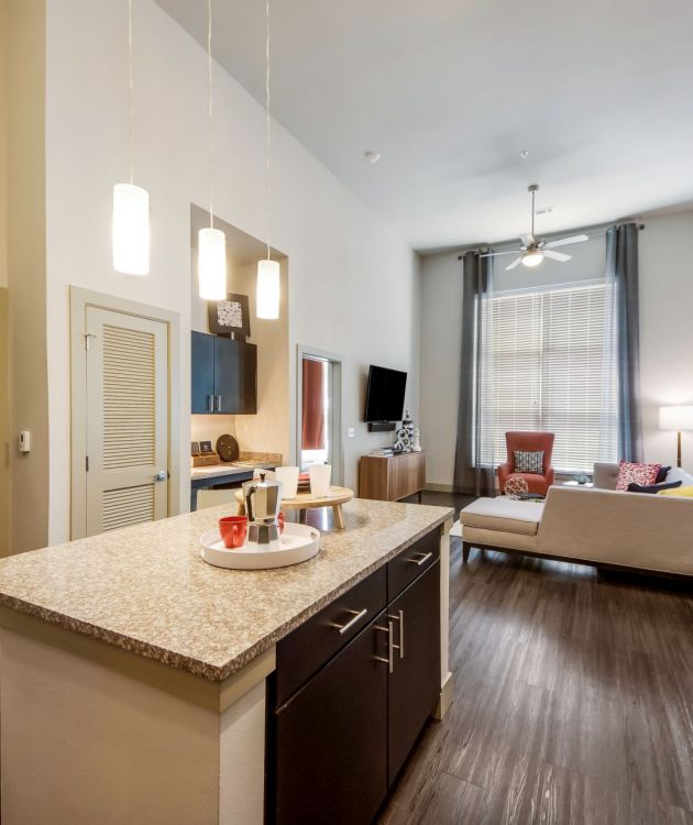 The Civic At Frisco Square apartment interior with wood plank flooring, high ceilings, and modern furniture