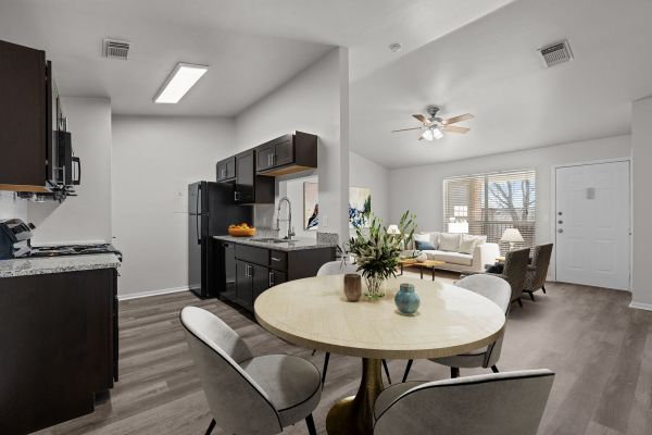 Encino Park apartments living room and kitchen featuring contemporary dining set